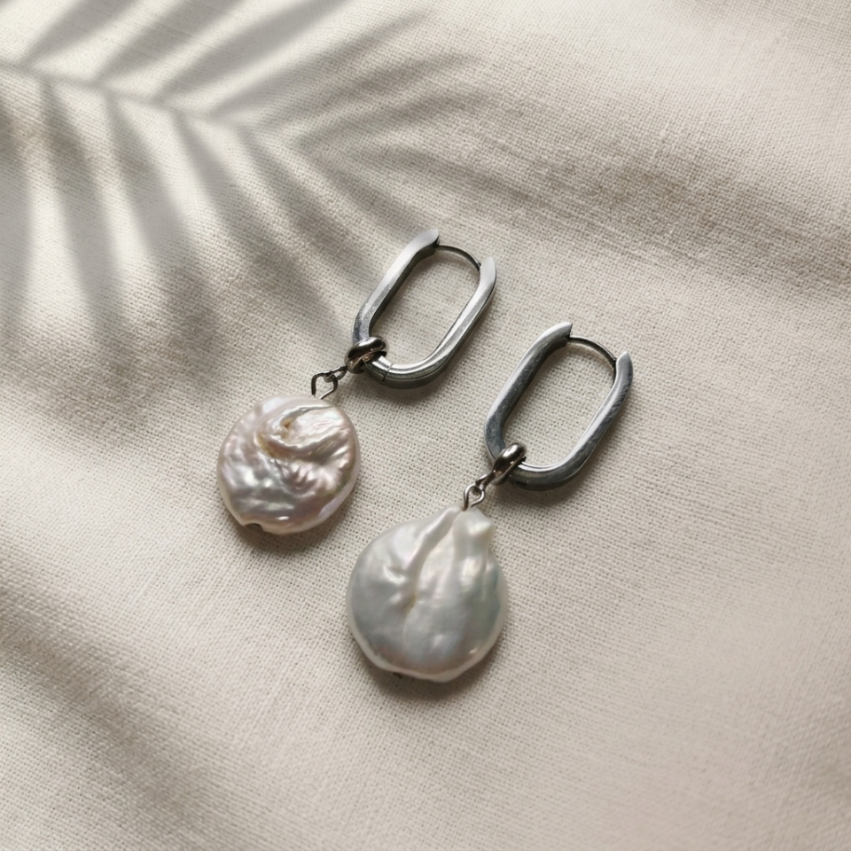 Flat Pearl Hoop Earrings