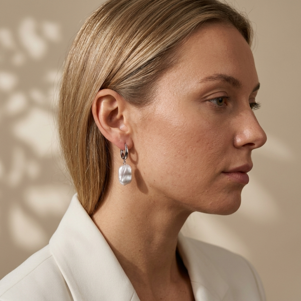 Block Pearl Hoop Earrings
